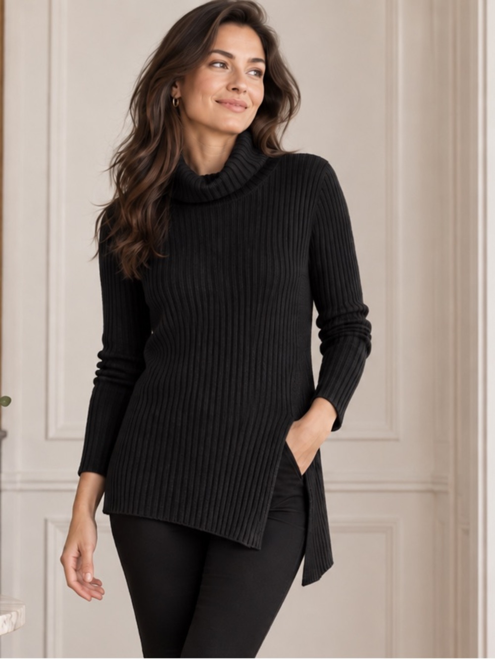 Neiman Marcus 100% Cashmere Black Ribbed Asymmetrical Cowl Sweater EUC S #2776
